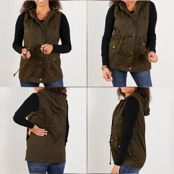 💜Zenana Olive Zipper Front Hooded Sleeveless Utility Jacket Large - Picture 14 of 16